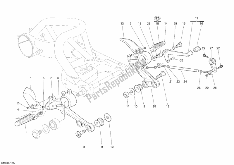 All parts for the Front Footrest of the Ducati Monster S4 RS USA 1000 2008
